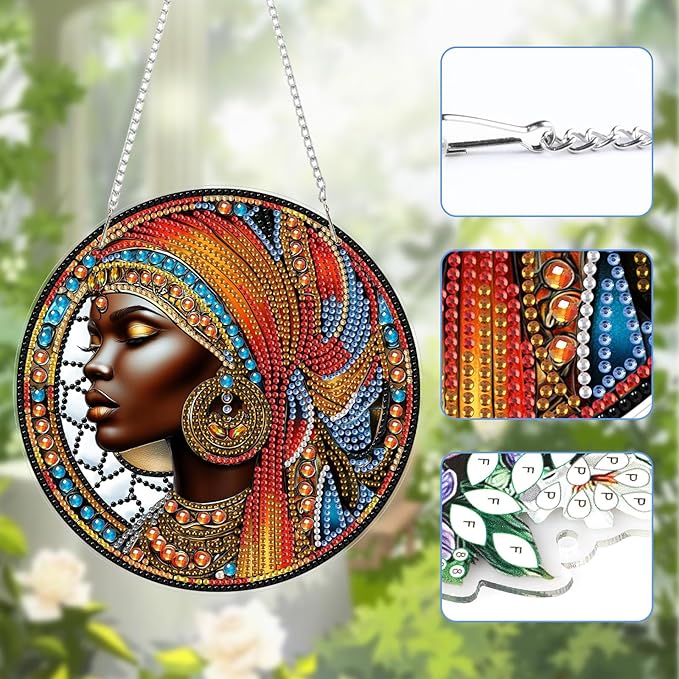 Lxmsja DIY African Queen Diamond Painting Hanging Ornament, Double-Sided Acrylic Stained Glass Diamond Art Kit, Special Shaped Suncatcher Hanging Pendant Window Art Kit