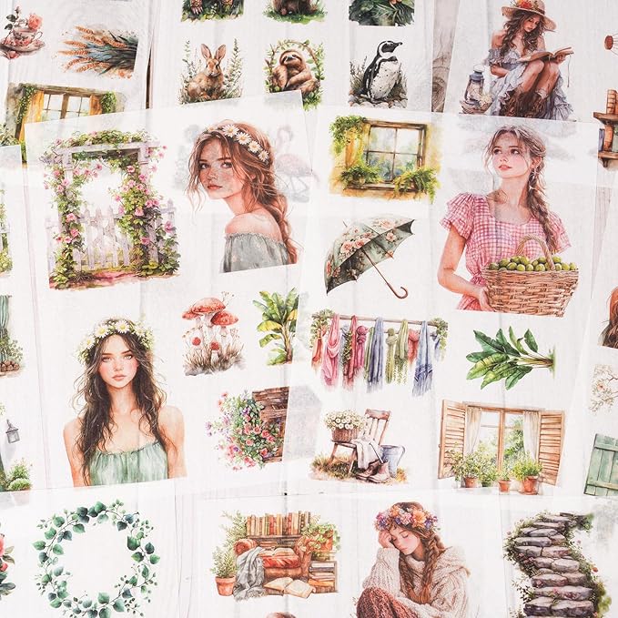 Stickers for Journaling, 20 Sheets Green Life Junk Journal Sticker, PET Washi Materials Scrapbooking Supplies for Adults, People Planner Transparent Decorative Art Crafts