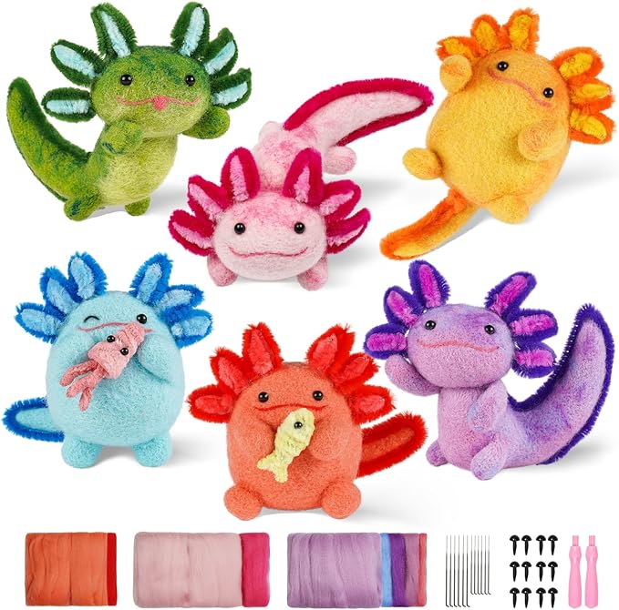 MOREJMTT Needle Felting Kit, 6 PCS Animal Needle Felting Beginner Kits, Wool Felt Needle Felting Tools Foam Pad, Craft Party Supplies for Beginners Adult(6pack Axolotl)