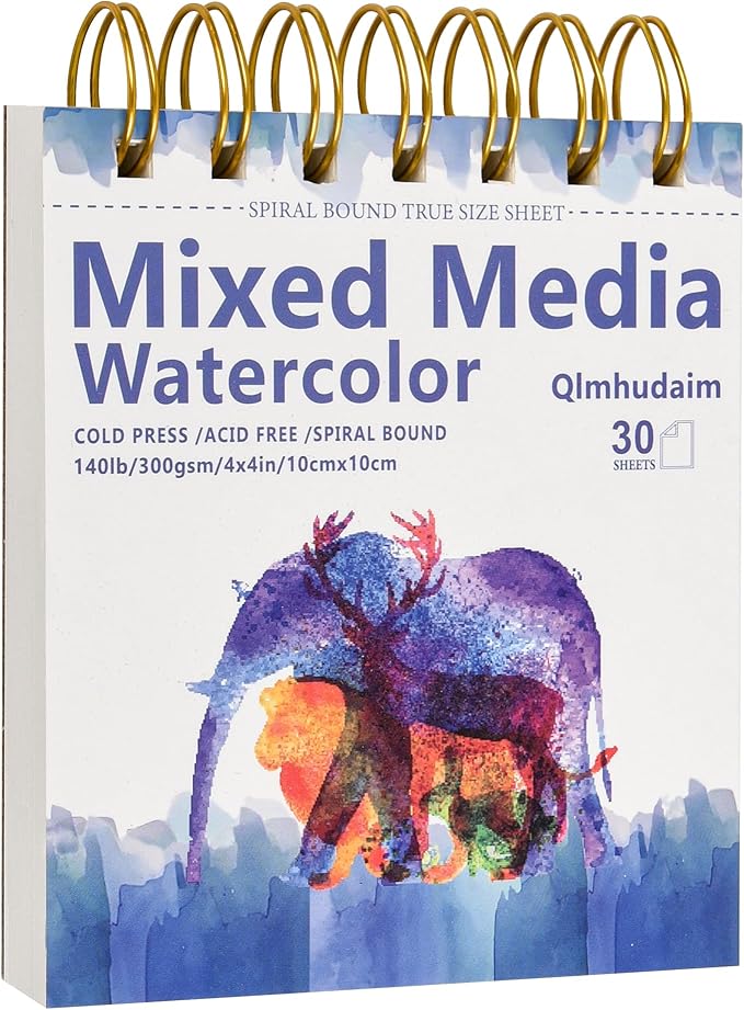 Qlmhudaim Mixed Media Sketchbook 4" x4”| 30 Sheets 140lb/300g,Spiral - Bound with Tear - Line| Artist-Grade for Water Color Paper/Sketch Book |A Compact Watercolor Paper,Sized Exercises or Travel