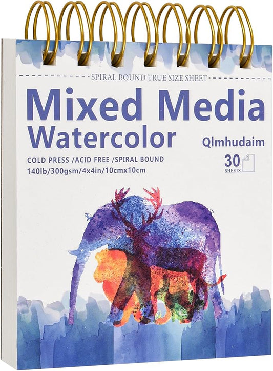 Qlmhudaim Mixed Media Sketchbook 4" x4”| 30 Sheets 140lb/300g,Spiral - Bound with Tear - Line| Artist-Grade for Water Color Paper/Sketch Book |A Compact Watercolor Paper,Sized Exercises or Travel