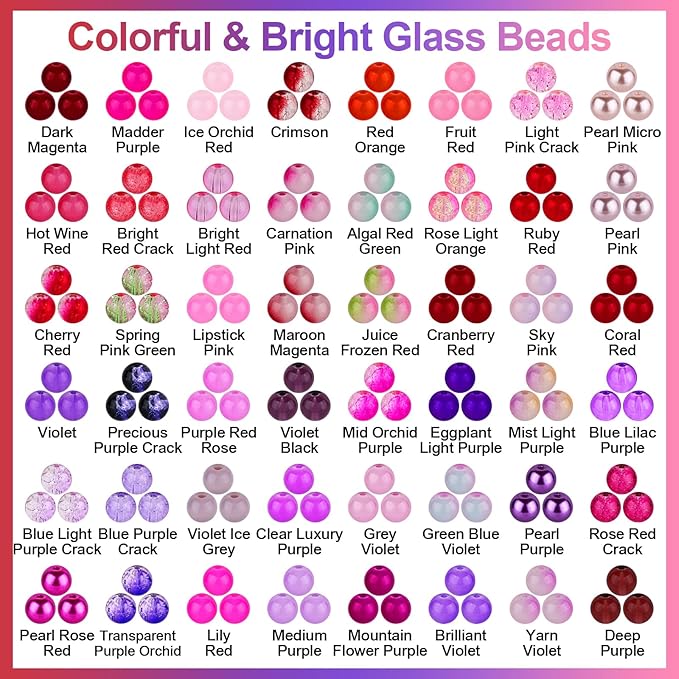 XSEINO About 1200PCS 8mm Glass Beads Bracelet Making Kit，48 Assorted Dreamy Red and Purple Series Colorful Crystal Beads for Bracelet and Jewelry Making and DIY Crafts,Friendship Bracelets