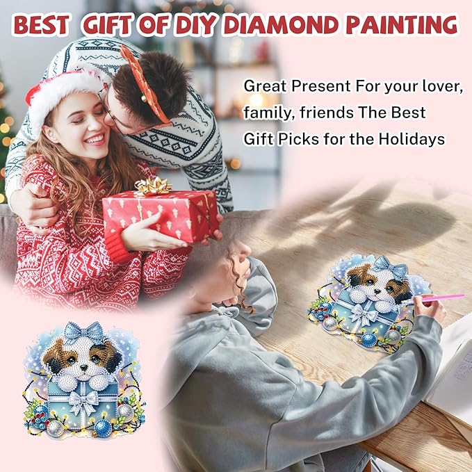 Bowetile Christmas Diamond Art Hanging Kits for Adults, Diamond Art Suncatchers Dog, 5D Special Shape Diamond Painting Pendant Window Ornament Christmas Gifts for Home Door Wall Decor