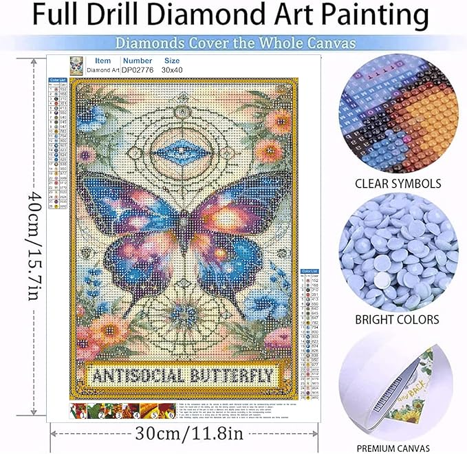 Tarot Diamond Art Kits for Adults, Butterfly DIY Diamond Painting Kits 5D Diamond Dots Gem Art Crafts with Tools,，Round Full Drill Crafts for Home Wall Decor&Gift-12x16in