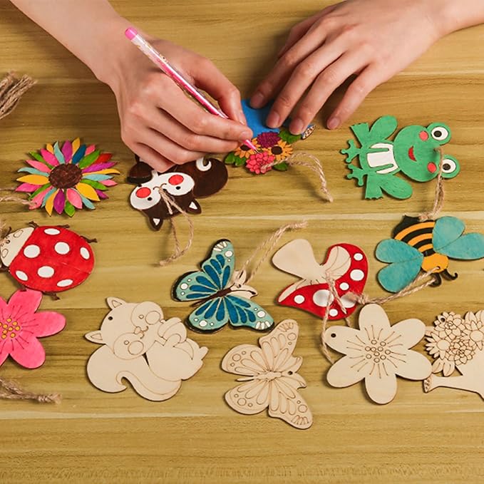45 Pcs Wooden Spring Ornaments to Paint, DIY Unfinished Wood Slices Flower Cutouts Butterfly Ornament for Art Crafts with 9 Styles, DIY Wooden Ornaments Hanging Decorations Kit