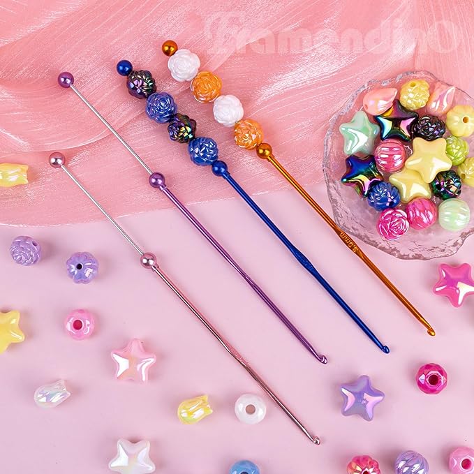 Framendino, 6 Pack DIY Beadable Crochet Hooks Knitting Needles Set Aluminum Handle 3 mm for Focal Beads Colors