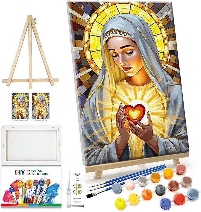 JOOZ Virgin Mary Paint by Numbers Kit for Adults with Frame Religion Paint by Number with Easel Adult Paint by Number Kits Framed Canvas Oil Painting Kits for Home Wall Decor 8x12 Inch