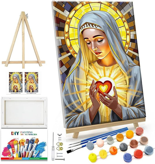 JOOZ Virgin Mary Paint by Numbers Kit for Adults with Frame Religion Paint by Number with Easel Adult Paint by Number Kits Framed Canvas Oil Painting Kits for Home Wall Decor 8x12 Inch