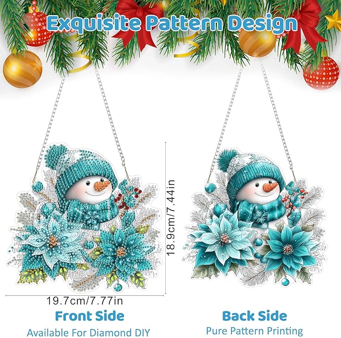MEIYUDA Snowman Diamond Art Hanging Kits for Adult, Winter Snowflake Diamond Painting Hanging Kits Ornaments, DIY Special Shaped Rhinestone Window Pendants kit for Home Garden Wall Decor Gift