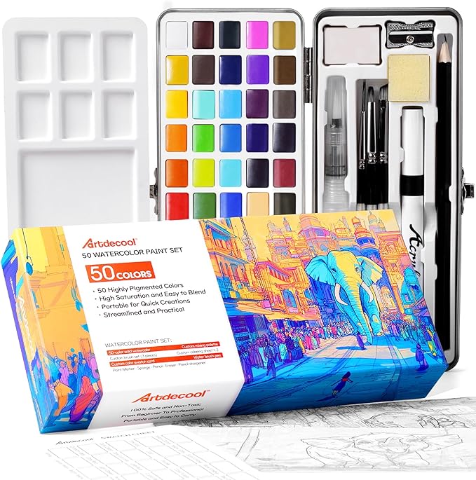 Watercolor Paint Set, 50 Colors, 4 Brushes, 3 Swatch Cards, Palette, Acrylic Marker Pen, and Accessories Included, All in One Portable Travel Watercolor Kit, Art Supplies Gift for Beginners, Adults, Artists, and Hobbyists