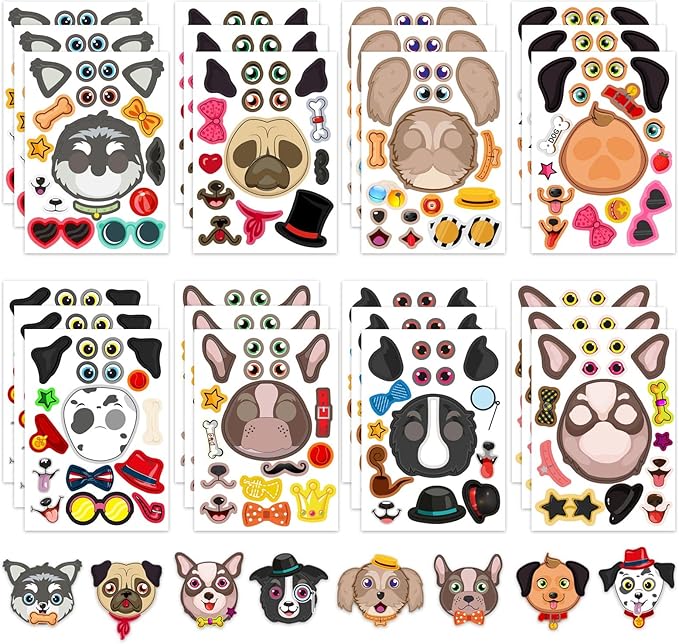 24 sheets dogs make a face stickers make you own dogs stickers animal sticker for kids, birthday gift party favors supplies teacher art craft, games school activity reward