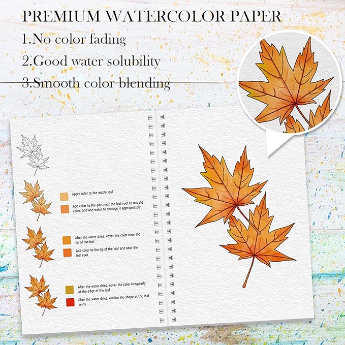 Watercolor Workbook, Watercolor Workbook Paint Book Beginner Friendly, 12 Different Patterns Stress-Relieving Art Crafts for Creative Exploration Gift for Women Adults Teens (Autumn, 1)