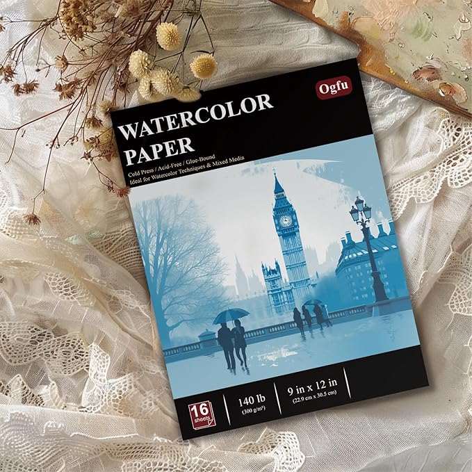 Ogfu Water Color Paper Pad 9 x 12, Cold-Pressed Watercolor Paper 300gsm/140lb Watercolor Pad for Painting for Beginners, Artists, Adults and Students, Watercolor Supplies for Adults, White.