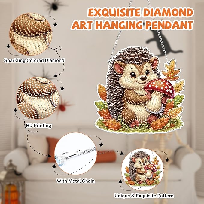 Bowetile Fall Diamond Art Hanging Kits for Adults, Hedgehog Diamond Art Suncatchers, 5D Special Shape Autumn Diamond Painting Pendant Window Ornament Gifts for Home Door Wall Decor