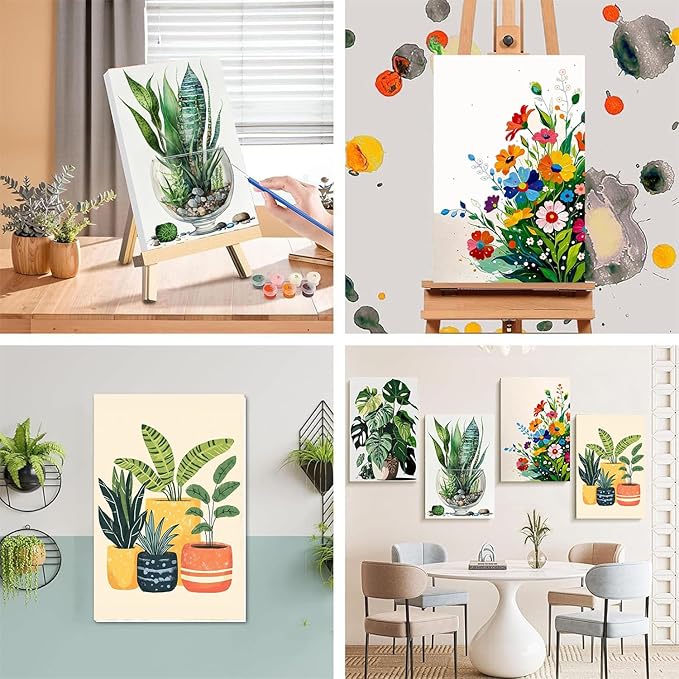 4 Pack Paint by Numbers for Adults with Framed Canvas - with Wooden Easel, Plant Paint by Number for Beginners, Easy Flowers Acrylic Oil Painting on Canvas with Brushes for Home Wall Decor (8x12 inch)