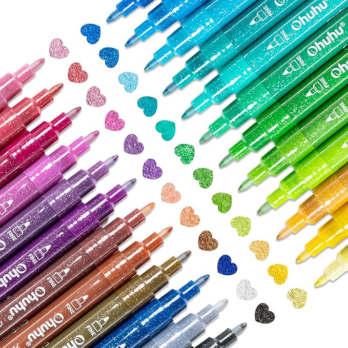 Ohuhu Acrylic Glitter Markers, 24 Metallic Glitter Colors, Fine Tip Paint Pens for Fine Details & Shimmer Accents, Water-Based & Quick Dry, for DIY Crafts, Cards, Journals, Wood & Rock Painting