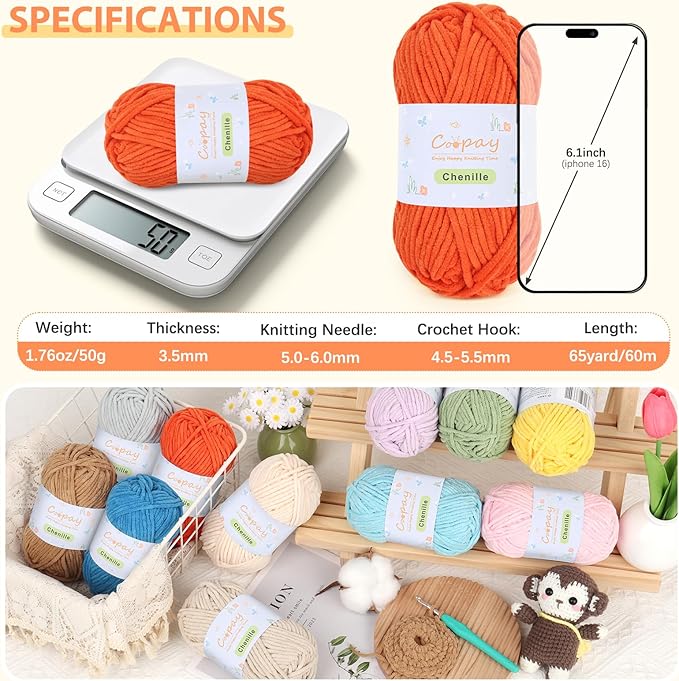 Coopay Chenille Yarn for Crocheting, 12 Pack Medium Weight Yarn - CYC #4 - Total 780yd, Soft Crochet Yarns for Plush Toys, Blankets, Scarves (Colorful)