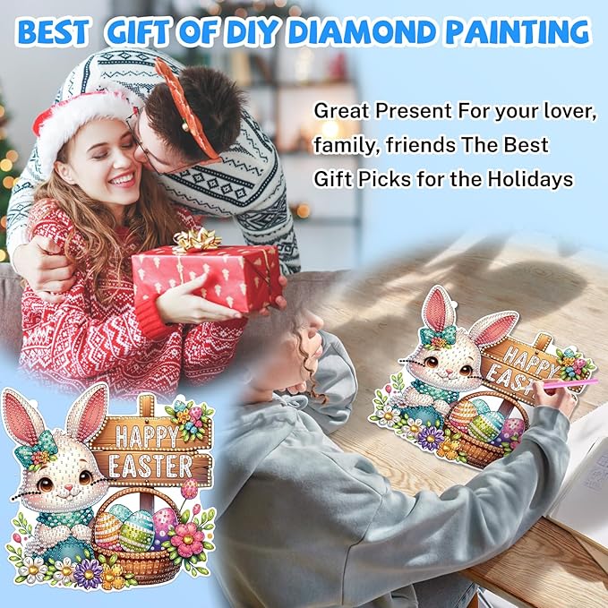 Bowetile Easter Hanging Diamond Art Kits for Adults Kids, 5D Special Shape Diamond Painting Rabbit Kits, Easter Diamond Gem Art Suncatchers Painting Pendant Home Decor, Gifts for Kids