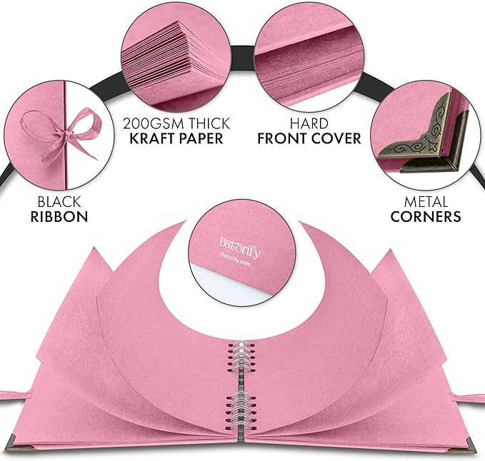 Bstorify Square Scrapbook Photo Albums 7 x 7 Inch Pink Thick Paper, Hardcover, Metal Corners, Ribbon Closure - Ideal for Your Scrapbooking Albums, Art & Craft Projects