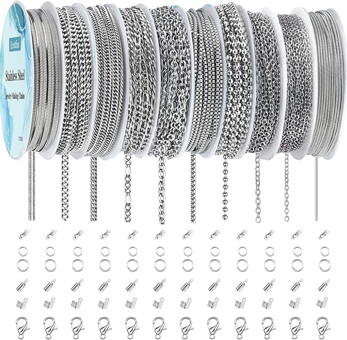 ecoofor necklace chains for jewelry making, 82 feet 10 rolls stainless steel jewelry chains for men women diy necklace bracelet jewelry with jump rings/lobster clasps/connectors