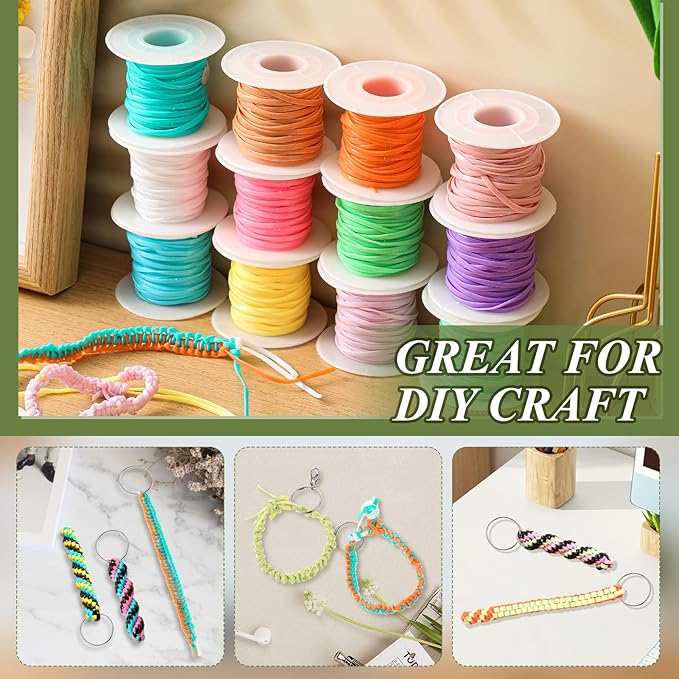 Gimp String Kit, 12 Rolls Lanyard String Plastic Lacing Cord 131yd Elastic Boondoggle Summer Gimp Bracelet Lanyard for Friendship Bracelets Making Jewelry DIY Summer Craft Weaving Kit(Macaron Color)
