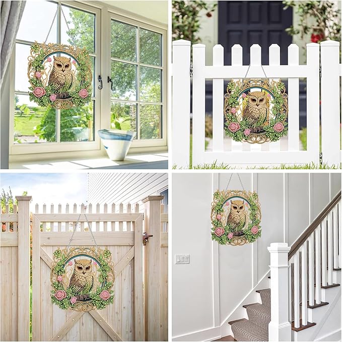 Reofrey Hanging Diamond Art Kits for Adults– 8x8Inch Owls Hanging Ornament Acrylic Board Double Sided Pattern Crystal Diamond Art Suncatcher Pendant, for Home Wall Window Decoration Handmade Gift