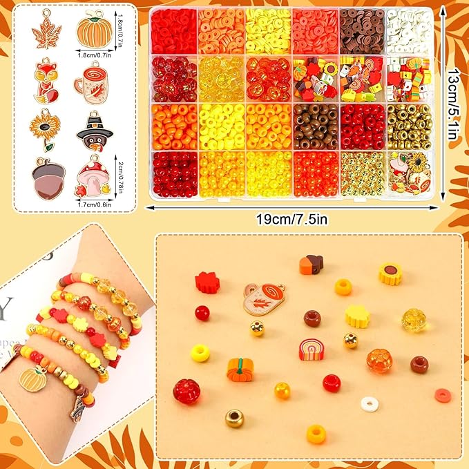 UPINS 2100PCS+ Fall Bracelets Beads Kit for Jewelry Making Thanksgiving Autumn Clay Round Maple Leaf Pumpkin Pony Pearl Beads for Fall DIYJewelry Supplies