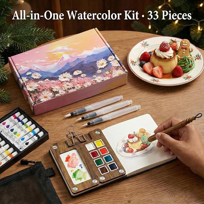 Mini Travel Watercolor Paint Set, All‑In‑One Portable Pocket Paint Kit with Walnut Wood Palette, 24 Watercolor Colors, 3 Water Brushes, Chinese Calligraphy Brush, Sketchbook and Organizer Pouch, Gift for Beginners and Art Lovers
