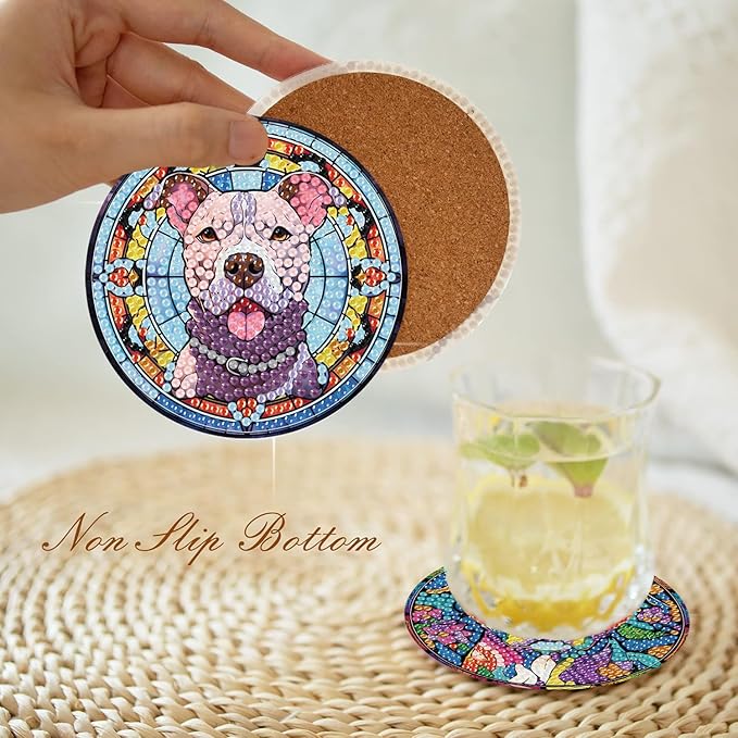 igoodom 8 Pcs Dog Diamond Art Coasters Kit with Holder, DIY Stained Glass Style Dog Diamond Painting Coasters for Beginners Adults, Non Slip Diamond Art Kits Craft Supplies 4x4in
