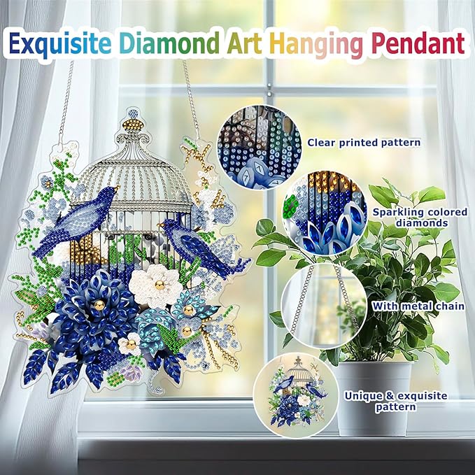 Koikify Diamond Art Pendant Floral Birdcage Diamond Painting Hanging Ornament with Double-Sided Printed Pattern Design for Home Decor & Gifts