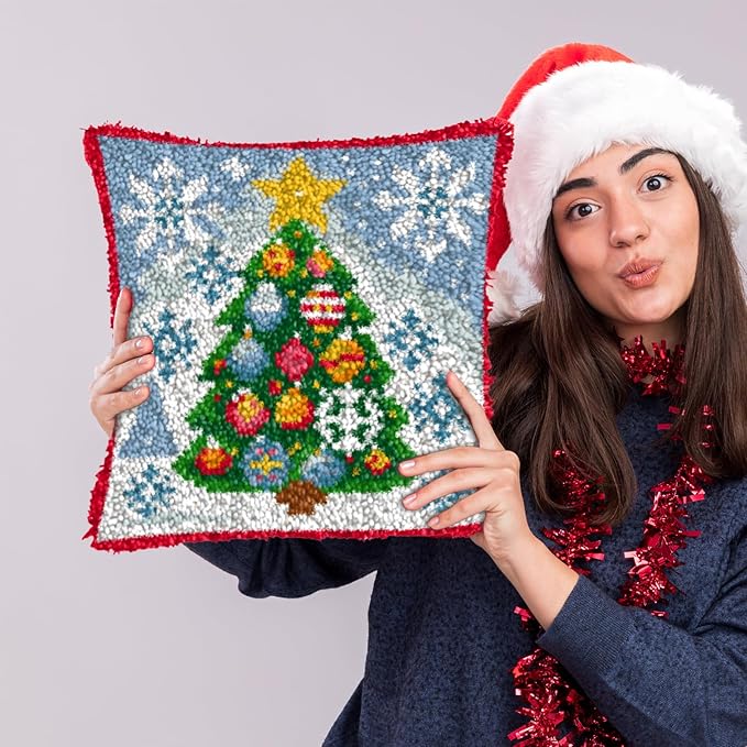 LAPATAIN Latch Hook Kits for Adults,Christmas Tree Pattern Color Printed Canvas DIY Throw Pillow Cover,Beginners Handmade Needlework Crafts Home Decoration 17x17inch