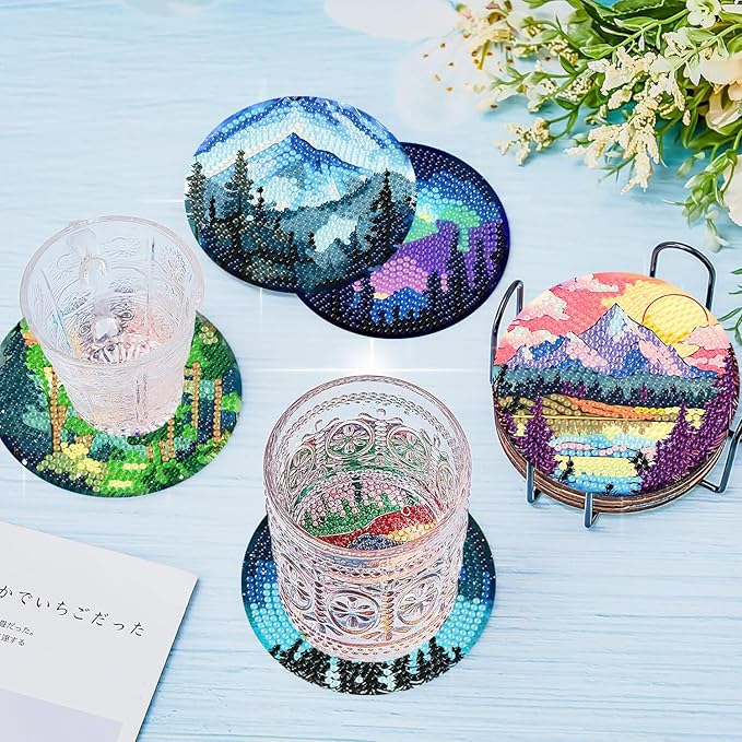 igoodom 8 Pcs Diamond Art Coasters Kit with Holder, DIY Landscape Diamond Painting Coasters for Beginners Adults, Non Slip Diamond Art Kits Craft Supplies 4x4inch