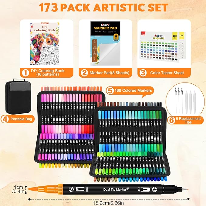 IVSUN Dual Brush Marker Pens,168 Colors Art Markers Set with Fine & Brush Tip for Adult Coloring Book, Bullet Journaling, Drawing, Note Taking, Planner, Hand Lettering, Calligraphy, Art Supplies Kit