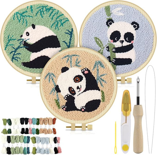 TINDTOP 3 Sets Punch Needle Kits, Panda Punch Embroidery Kits for Adults Beginner, Tool with Punch Needle Fabric, Hoops, Yarns and Sewing Needles