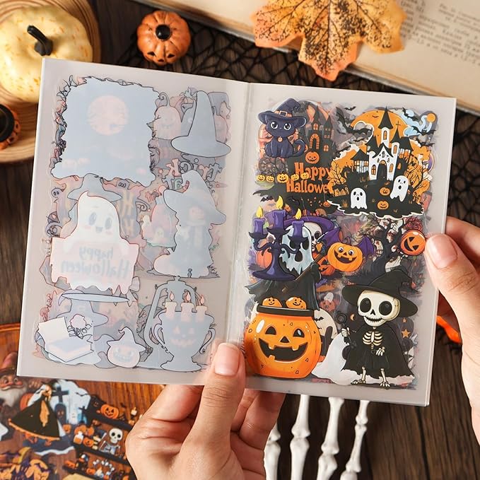 Halloween Sticker Book, 40 Sheets 240 PCS Halloween PET Stickers, Aesthetic Decorative Waterproof Holiday Scrapbook Stickers for Scrapbooking, Journaling, DIY Crafts and Planner Supplies