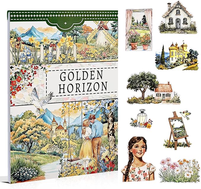 Scrapbook Sticker Book for Scrapbooking, Golden Horizon Theme, 20 Sheets A5 Pre-Cut Washi Paper PET Stickers for Journaling, Junk Journal Supplies, Bujo, Collage, Crafts Arts