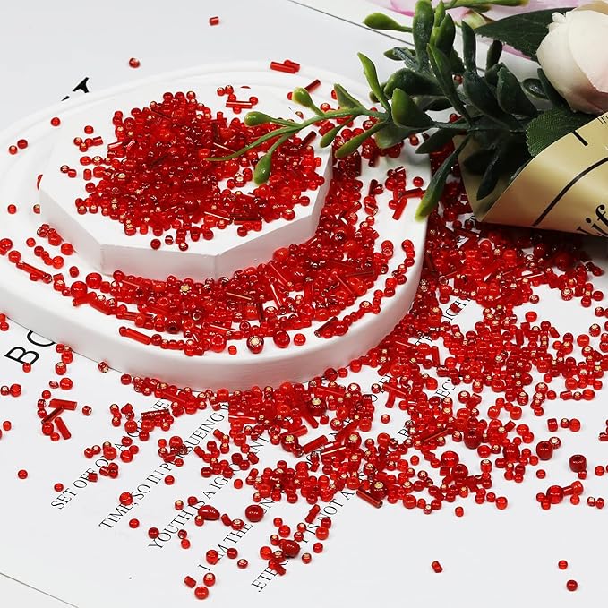 100g Mix Tube Beads Bugle Beads,3800+pcs Glass Bulk Spacer Multi Size 2-6mm Kit for Jewelry Making DIY Craft Bracelets Necklace Earring Making (Red Mixed)
