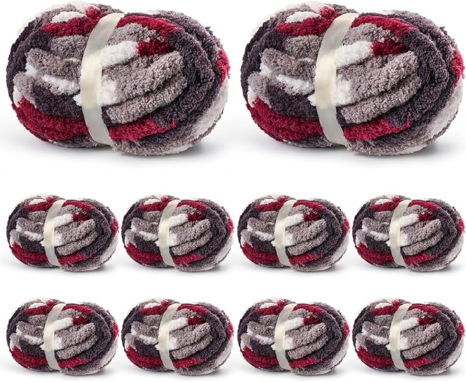 10 Pack Jumbo Chunky Yarn for Hand Knitting, Fluffy Variegated Chunky Chenille Yarn for Crocheting, 240yds/70.5oz Super Bulky Soft Crochet Baby Blanket Yarn(White-Grey-Wine Red)