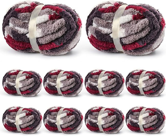 10 Pack Jumbo Chunky Yarn for Hand Knitting, Fluffy Variegated Chunky Chenille Yarn for Crocheting, 240yds/70.5oz Super Bulky Soft Crochet Baby Blanket Yarn(White-Grey-Wine Red)
