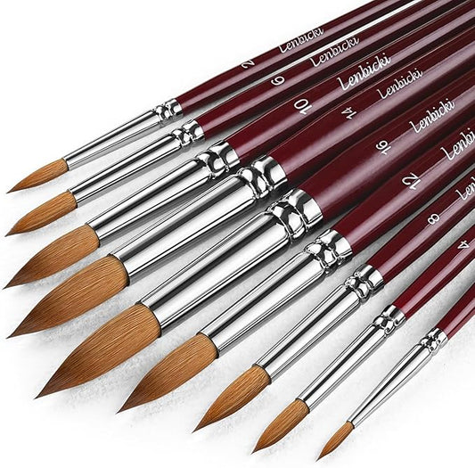 Sable Hair Watercolor Brushes Professional,9pcs Mop Round Fine Tip Detail Watercolor Paint Brush Set,Ideal for Gouache Acrylic Ink Painting