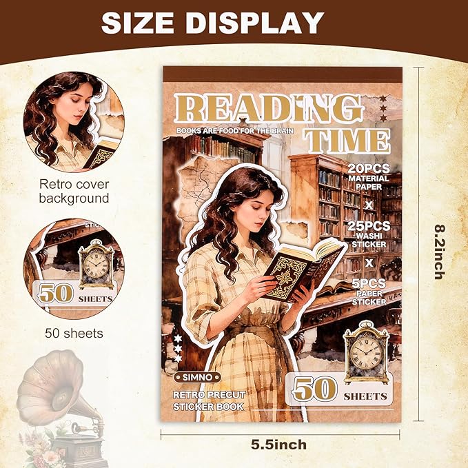 Reading Scrapbooking Stickers 400 Pre-Cut Washi Stickers & 20 Scrapbook Papers Vintage Sticker journaling Supplies People Sticker Books for journaling