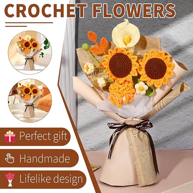 Kogyxe Crochet Kit for Beginners, Crochet Flower Bouquet with Step-by-Step Video Tutorials, Adults Crafts Kits Including Materials Such as Floral Wire, Newspaper for Commemorative Gift