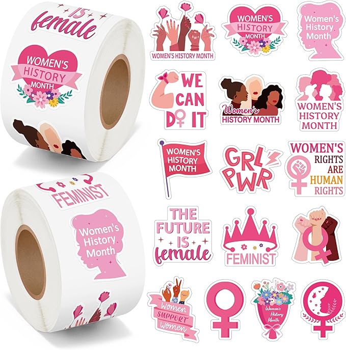 beyumi women's history month sticker - 1000pcs women's history month stickers in 2 rolls waterproof vinyl inspirational feminist stickers girl power rights decal party gifts bottle scrapbooking decor