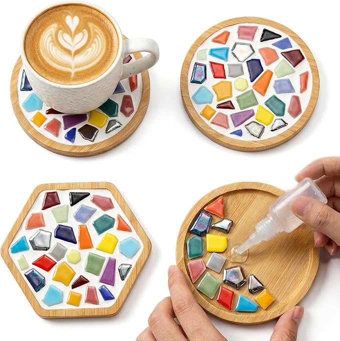 Nuyoach Mosaic Tiles Crafts Kits for Adults,2 Sets DIY Glass Mosaic Craft with Wooden Coaster Making Materials Package for Women Seniors,Ceramic Mosaic Art Bulk Gifts for Home Decor Summer Party