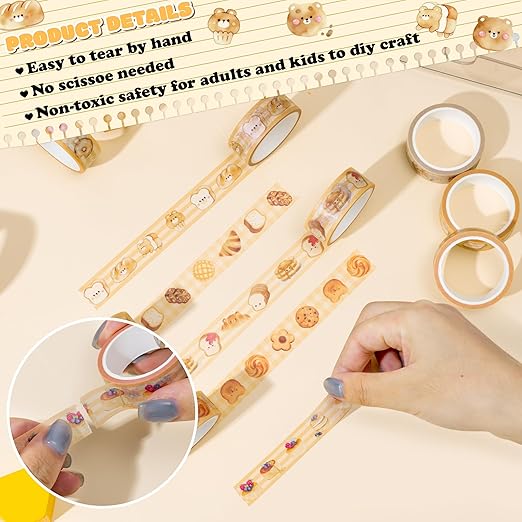 Bakery Bless Washi Tape - 12 Rolls Cute Donut Bear Waffle Bakery Washi Colored Masking Painters Scrapbook Decorative Art Tape Set DIY Crafts Self Adhesive Gift Wrapping Scrapbooking Supplies