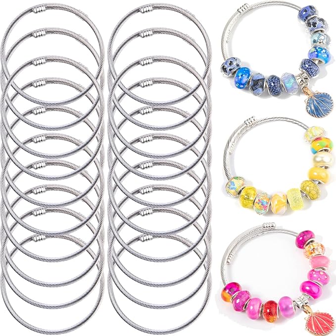 20 Pieces Snake Charm Bracelet Stainless Steel 3mm Expandable Charm Bangle Bracelets Silver Adjustable Friendship Snake Bracelet DIY Charm Bracelet for Women Jewelry Christmas Birthday Gifts