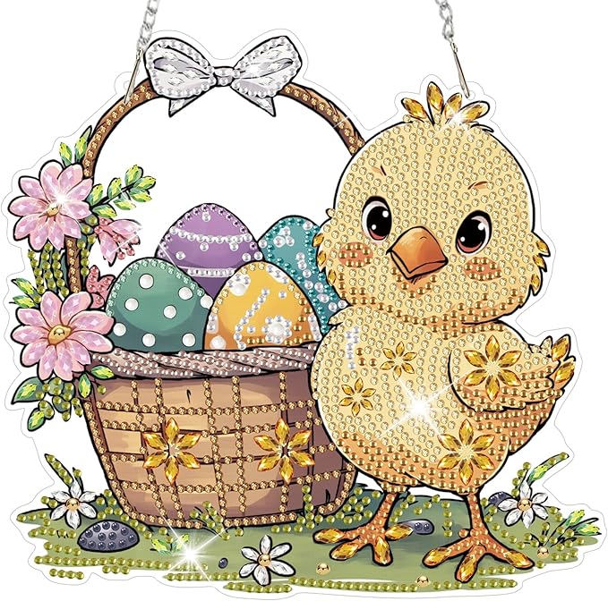 HEIBAGO Easter Diamond Art Hanging Kits for Adults, Diamond Art Suncatchers Chick, 5D Special Shape Diamond Painting Pendant, DIY Window Ornament Gifts for Home Garden Door Wall Decor 8.3 x 8.3 Inch