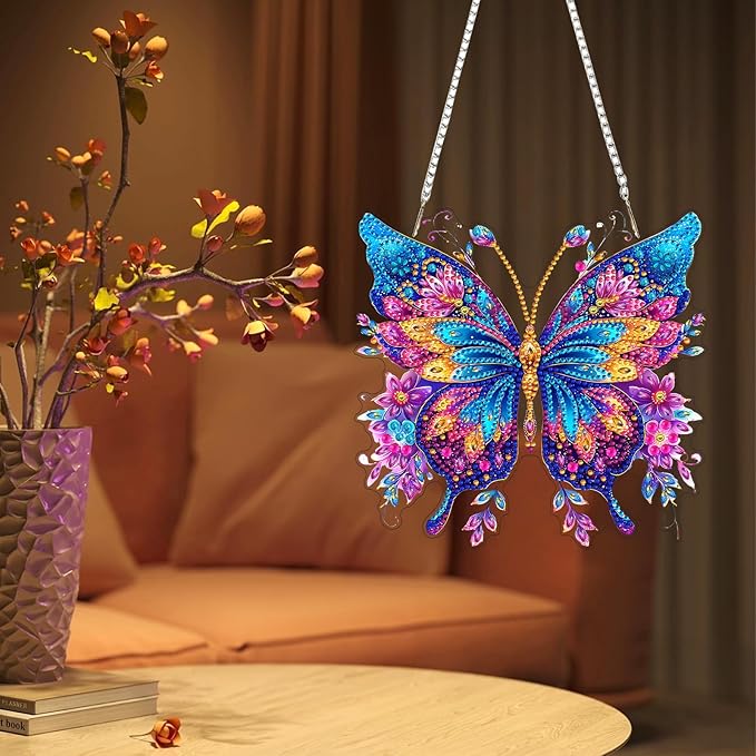 Lxmsja DIY Butterfly Diamond Painting Hanging Ornament, Double-Sided Acrylic Glitter Flowers Diamond Art Kit, Special Shaped Suncatcher Hanging Pendant Window Art Kit 8x8 inch