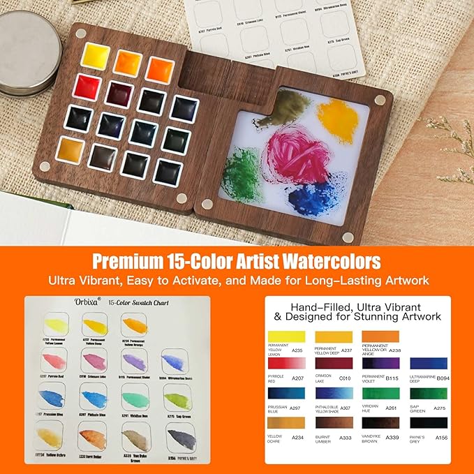 Orbixa Mini Watercolor Travel Set, 15 Artist-Grade Colors in Solid Walnut Palette, 100% Cotton Sketchbook, Water Brush, Water Cup & PU Leather Case — Portable Painting Gift for Artists (Cosmic Orange)