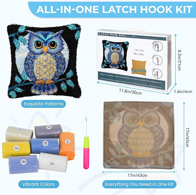 EsLuker.ly Full Moon Owl Latch Hook Pillow Kit for Adults Beginners, DIY Throw Pillow Cushion Cover Making Set with Pre-Printed Canvas & Crochet Yarn, Creative Latch Hook Craft Kits for Home Decor